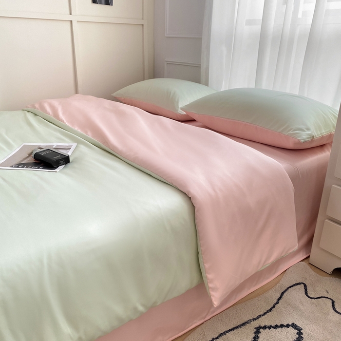  （提供买家秀 爆款花型 不断货）2025新款夏季水洗冰丝四件套水洗真丝纯色双拼风格二 双拼-奶油粉+青草绿