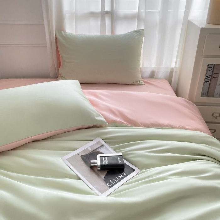 91家纺网 家纺一手货源 找家纺  （提供买家秀 爆款花型 不断货）2025新款夏季水洗冰丝四件套水洗真丝纯色双拼风格二 双拼-奶油粉+青草绿