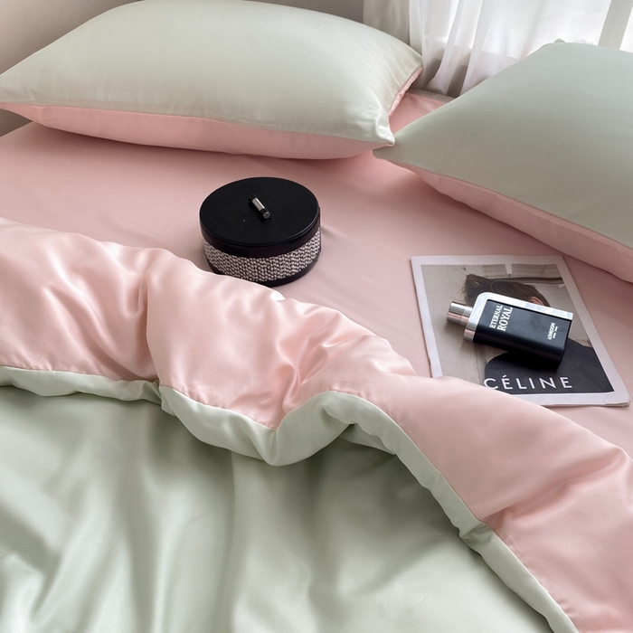 91家纺网 家纺一手货源 找家纺  （提供买家秀 爆款花型 不断货）2025新款夏季水洗冰丝四件套水洗真丝纯色双拼风格二 双拼-奶油粉+青草绿