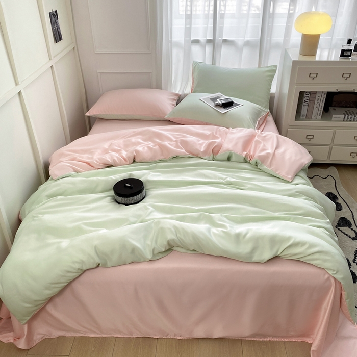 91家纺网 家纺一手货源 找家纺  （提供买家秀 爆款花型 不断货）2025新款夏季水洗冰丝四件套水洗真丝纯色双拼风格二 双拼-奶油粉+青草绿