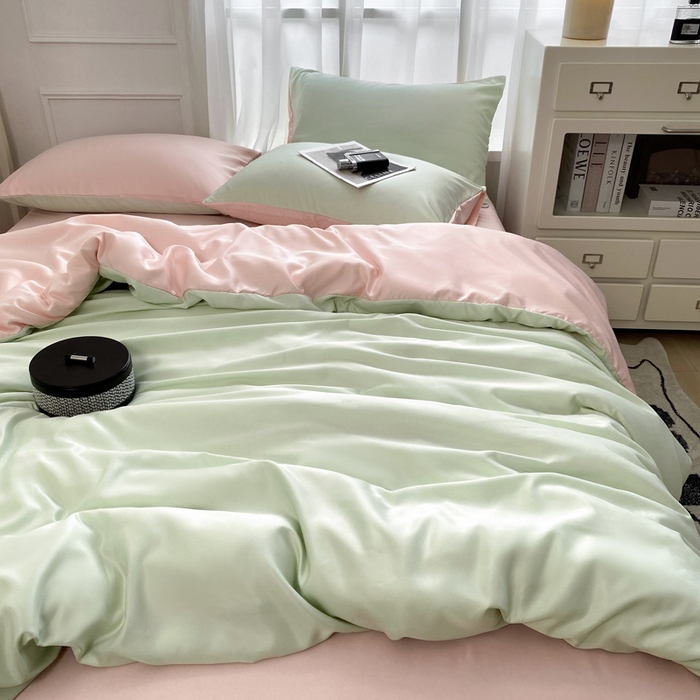 91家纺网 家纺一手货源 找家纺  （提供买家秀 爆款花型 不断货）2025新款夏季水洗冰丝四件套水洗真丝纯色双拼风格二 双拼-奶油粉+青草绿