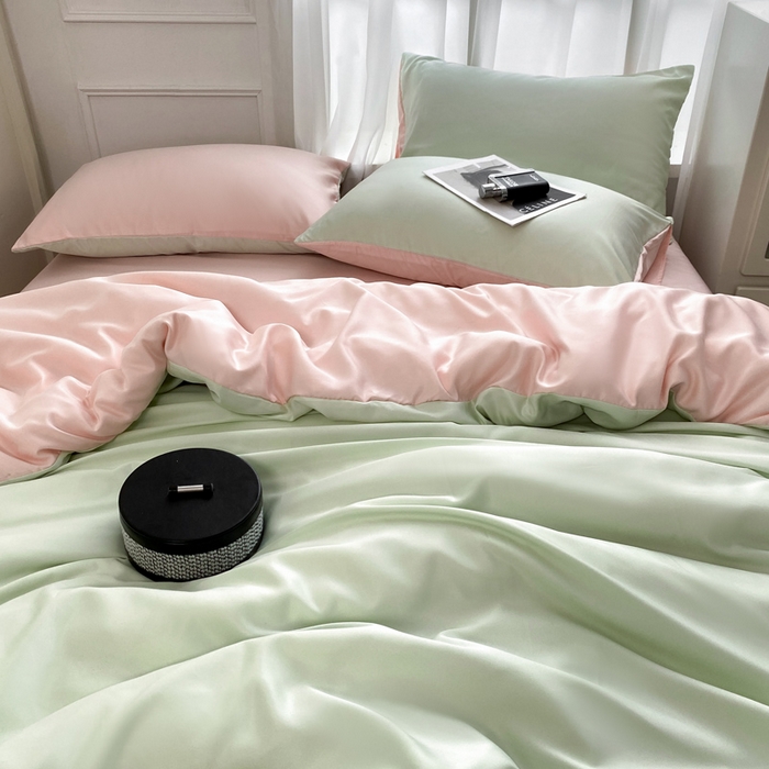 91家纺网 家纺一手货源 找家纺  （提供买家秀 爆款花型 不断货）2025新款夏季水洗冰丝四件套水洗真丝纯色双拼风格二 双拼-奶油粉+青草绿