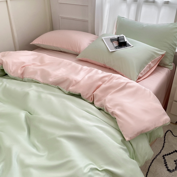 91家纺网 家纺一手货源 找家纺  （提供买家秀 爆款花型 不断货）2025新款夏季水洗冰丝四件套水洗真丝纯色双拼风格二 双拼-奶油粉+青草绿