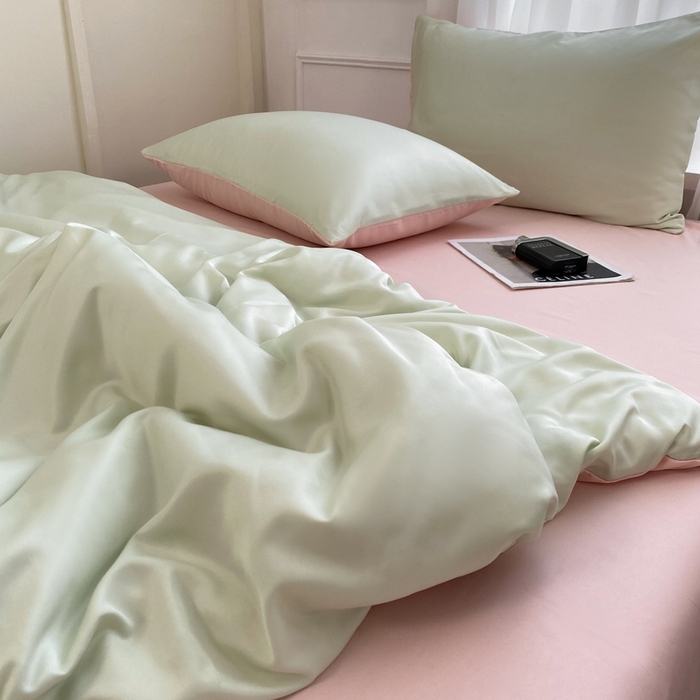 91家纺网 家纺一手货源 找家纺  （提供买家秀 爆款花型 不断货）2025新款夏季水洗冰丝四件套水洗真丝纯色双拼风格二 双拼-奶油粉+青草绿