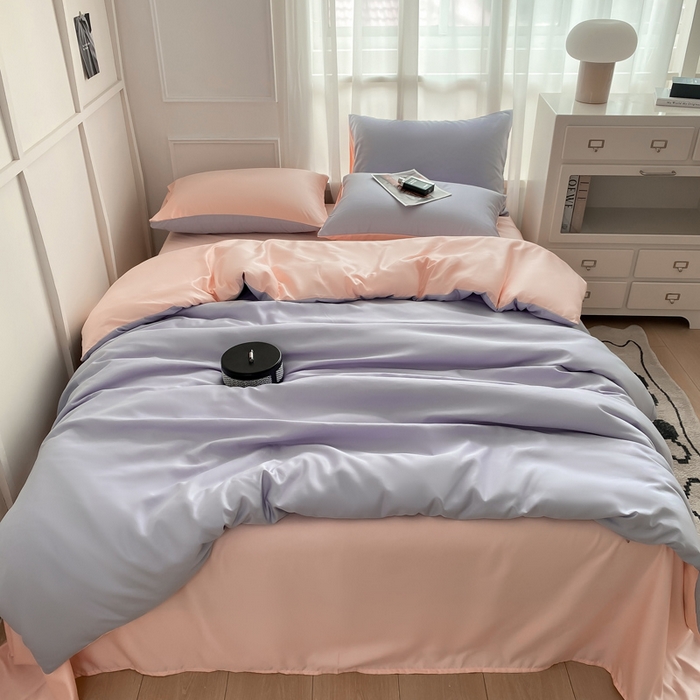 91家纺网 家纺一手货源 找家纺  （提供买家秀 爆款花型 不断货）2025新款夏季水洗冰丝四件套水洗真丝纯色双拼风格二 奶油粉+星黛紫双拼-