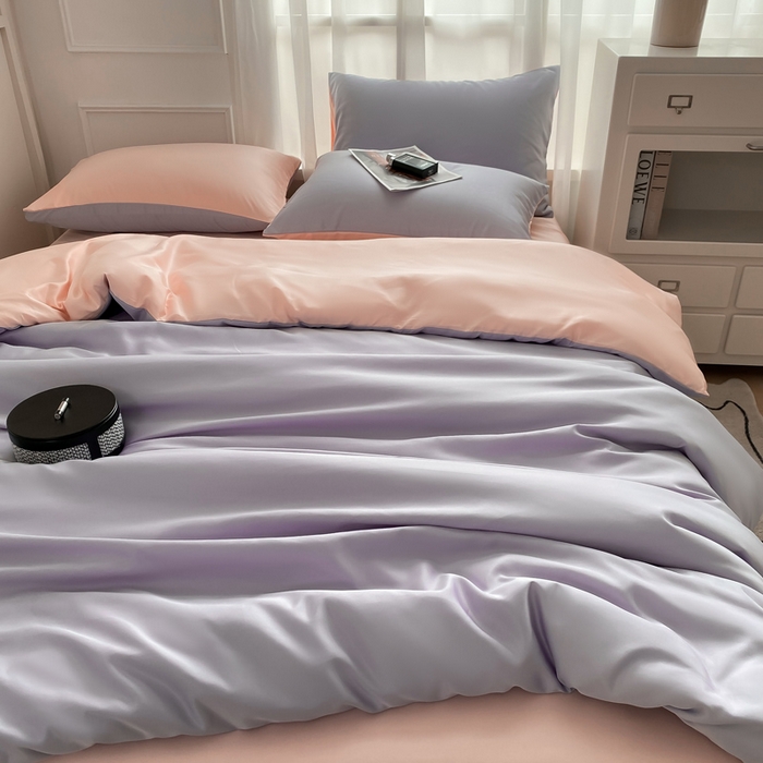 91家纺网 家纺一手货源 找家纺  （提供买家秀 爆款花型 不断货）2025新款夏季水洗冰丝四件套水洗真丝纯色双拼风格二 奶油粉+星黛紫双拼-