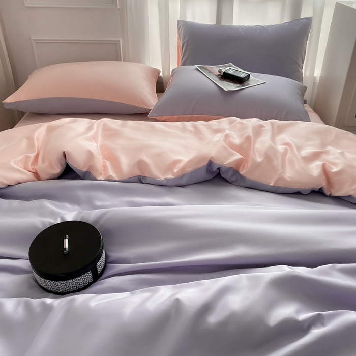 91家纺网 家纺一手货源 找家纺  （提供买家秀 爆款花型 不断货）2025新款夏季水洗冰丝四件套水洗真丝纯色双拼风格二 奶油粉+星黛紫双拼-