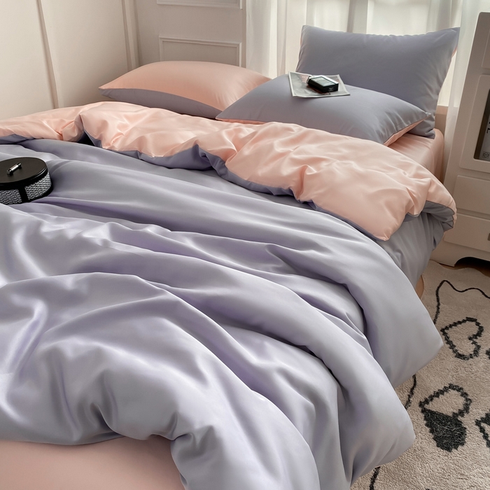 91家纺网 家纺一手货源 找家纺  （提供买家秀 爆款花型 不断货）2025新款夏季水洗冰丝四件套水洗真丝纯色双拼风格二 奶油粉+星黛紫双拼-