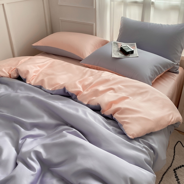 91家纺网 家纺一手货源 找家纺  （提供买家秀 爆款花型 不断货）2025新款夏季水洗冰丝四件套水洗真丝纯色双拼风格二 奶油粉+星黛紫双拼-