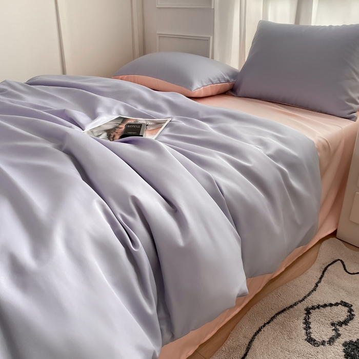 91家纺网 家纺一手货源 找家纺  （提供买家秀 爆款花型 不断货）2025新款夏季水洗冰丝四件套水洗真丝纯色双拼风格二 奶油粉+星黛紫双拼-