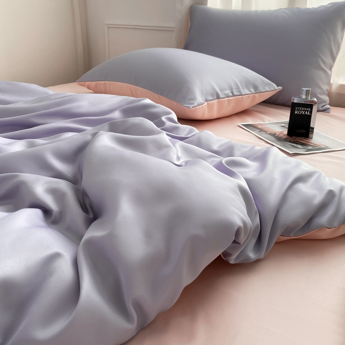 91家纺网 家纺一手货源 找家纺  （提供买家秀 爆款花型 不断货）2025新款夏季水洗冰丝四件套水洗真丝纯色双拼风格二 奶油粉+星黛紫双拼-