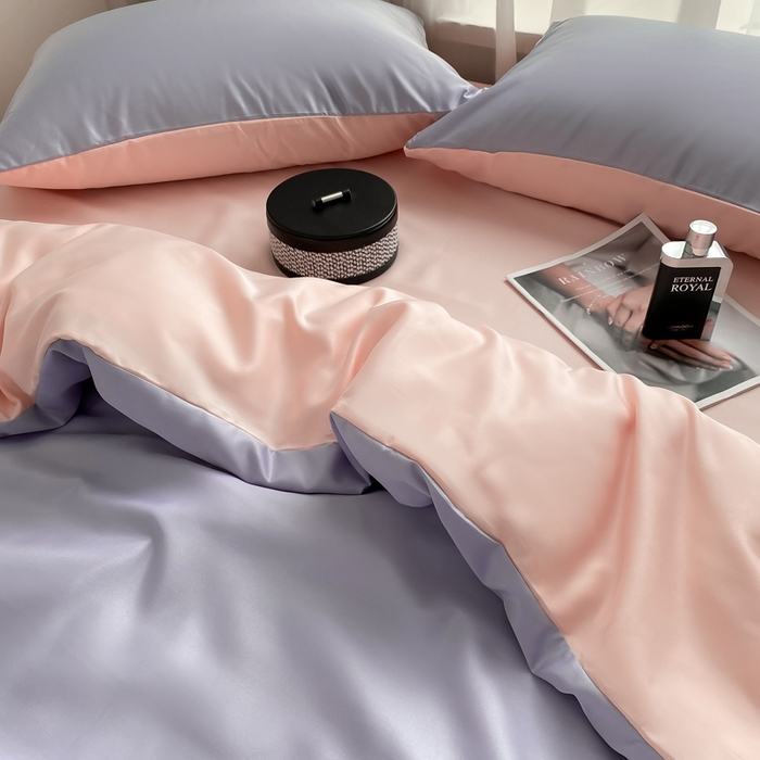 91家纺网 家纺一手货源 找家纺  （提供买家秀 爆款花型 不断货）2025新款夏季水洗冰丝四件套水洗真丝纯色双拼风格二 奶油粉+星黛紫双拼-