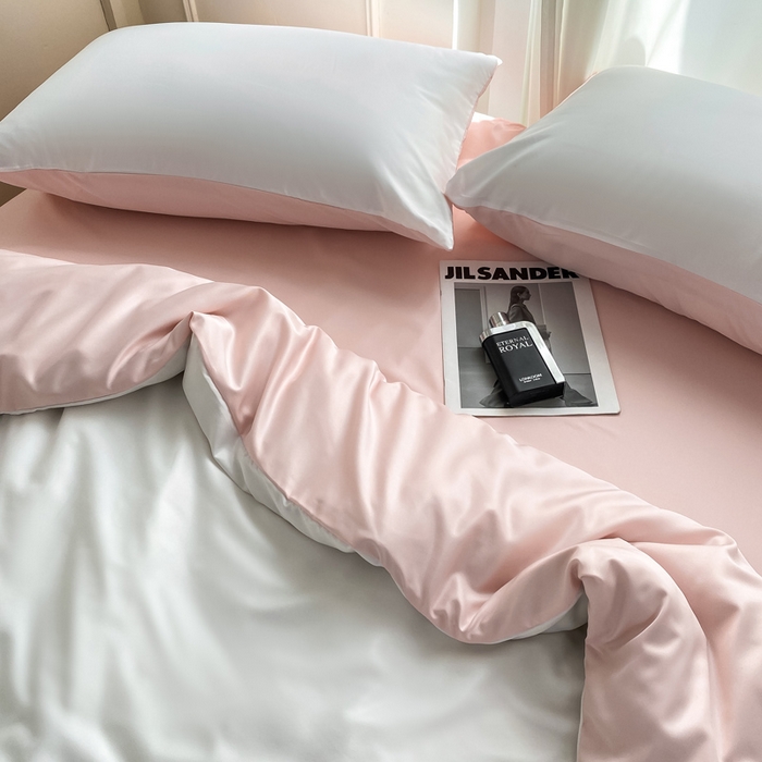 91家纺网 家纺一手货源 找家纺  （提供买家秀 爆款花型 不断货）2025新款夏季水洗冰丝四件套水洗真丝纯色双拼风格二 双拼-奶油粉白