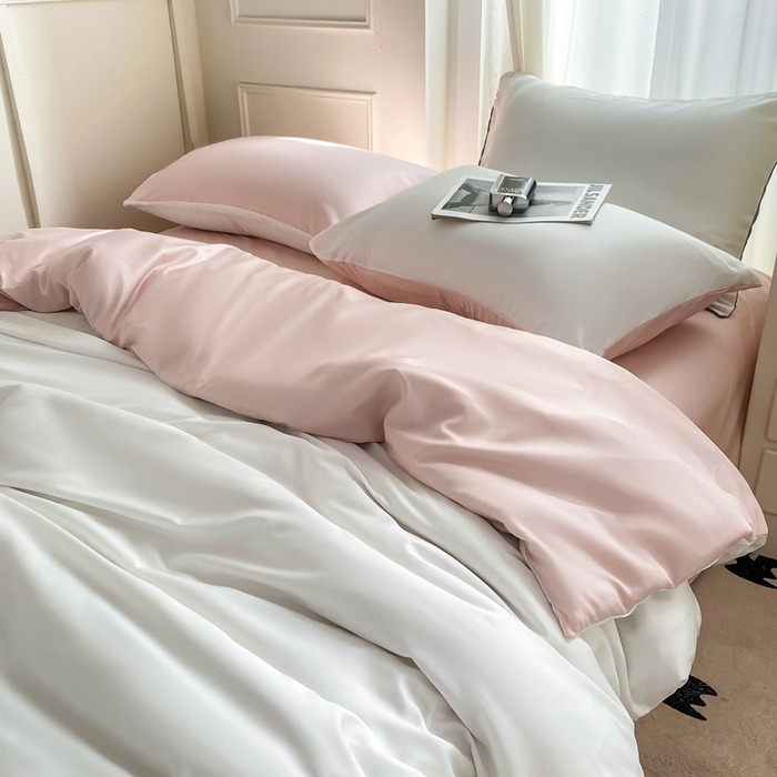 91家纺网 家纺一手货源 找家纺  （提供买家秀 爆款花型 不断货）2025新款夏季水洗冰丝四件套水洗真丝纯色双拼风格二 双拼-奶油粉白