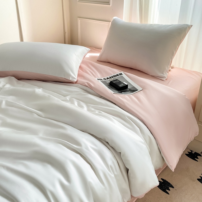 91家纺网 家纺一手货源 找家纺  （提供买家秀 爆款花型 不断货）2025新款夏季水洗冰丝四件套水洗真丝纯色双拼风格二 双拼-奶油粉白