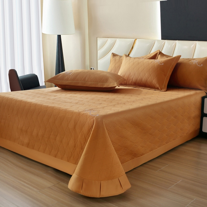 91家纺网 家纺一手货源 找家纺 OL家纺 2025新款60S兰精天丝带刺绣防滑床盖 深桔