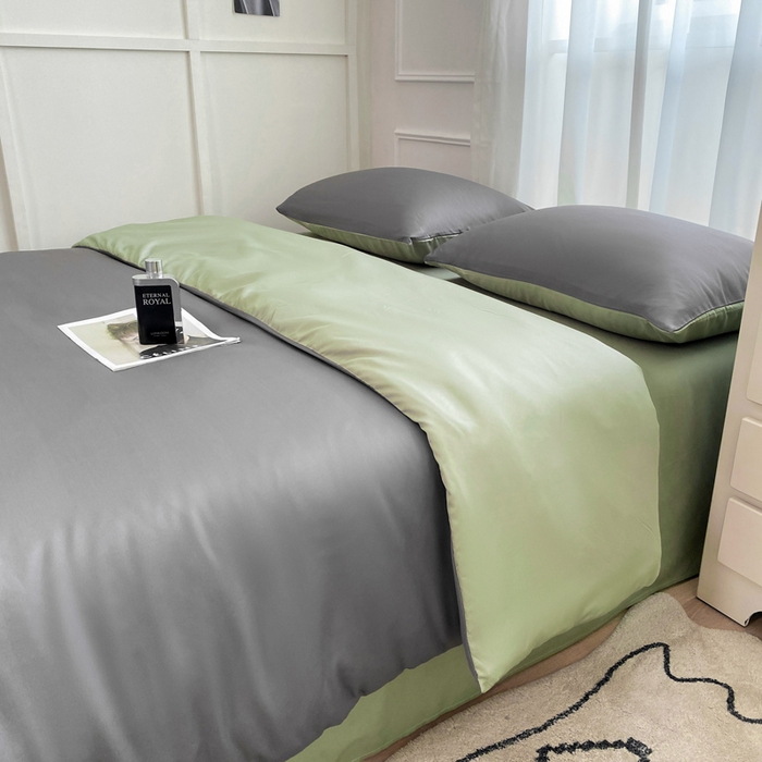  （提供买家秀 爆款花型 不断货）2025新款夏季水洗冰丝四件套水洗真丝纯色双拼风格二 青草绿+高级灰双拼-