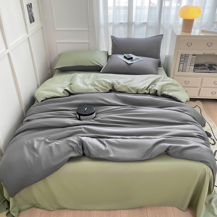 91家纺网 家纺一手货源 找家纺  （提供买家秀 爆款花型 不断货）2025新款夏季水洗冰丝四件套水洗真丝纯色双拼风格二 青草绿+高级灰双拼-