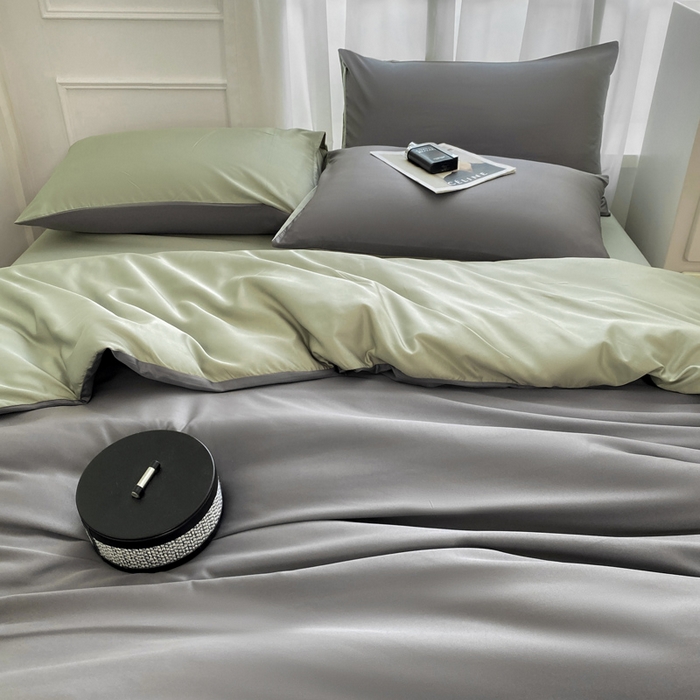 91家纺网 家纺一手货源 找家纺  （提供买家秀 爆款花型 不断货）2025新款夏季水洗冰丝四件套水洗真丝纯色双拼风格二 青草绿+高级灰双拼-