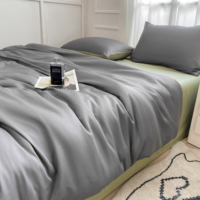 91家纺网 家纺一手货源 找家纺  （提供买家秀 爆款花型 不断货）2025新款夏季水洗冰丝四件套水洗真丝纯色双拼风格二 青草绿+高级灰双拼-