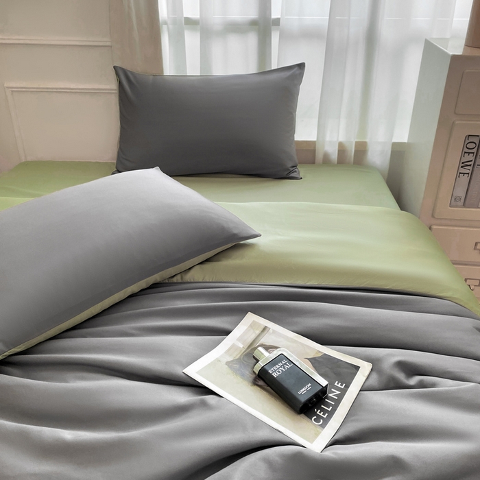 91家纺网 家纺一手货源 找家纺  （提供买家秀 爆款花型 不断货）2025新款夏季水洗冰丝四件套水洗真丝纯色双拼风格二 青草绿+高级灰双拼-