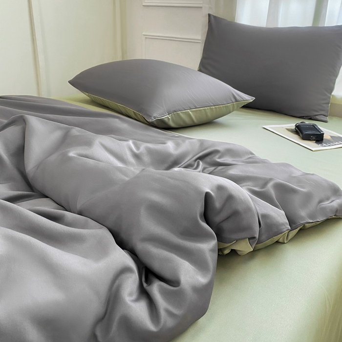 91家纺网 家纺一手货源 找家纺  （提供买家秀 爆款花型 不断货）2025新款夏季水洗冰丝四件套水洗真丝纯色双拼风格二 青草绿+高级灰双拼-