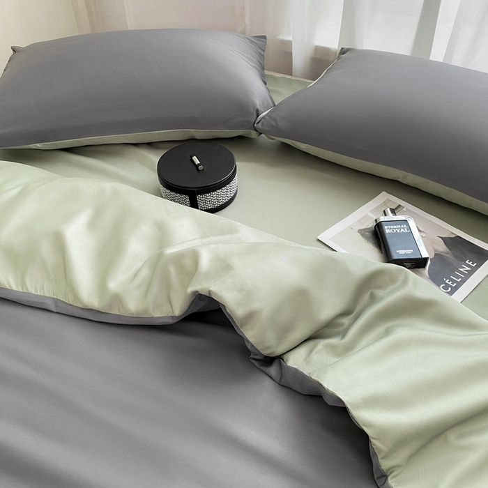 91家纺网 家纺一手货源 找家纺  （提供买家秀 爆款花型 不断货）2025新款夏季水洗冰丝四件套水洗真丝纯色双拼风格二 青草绿+高级灰双拼-