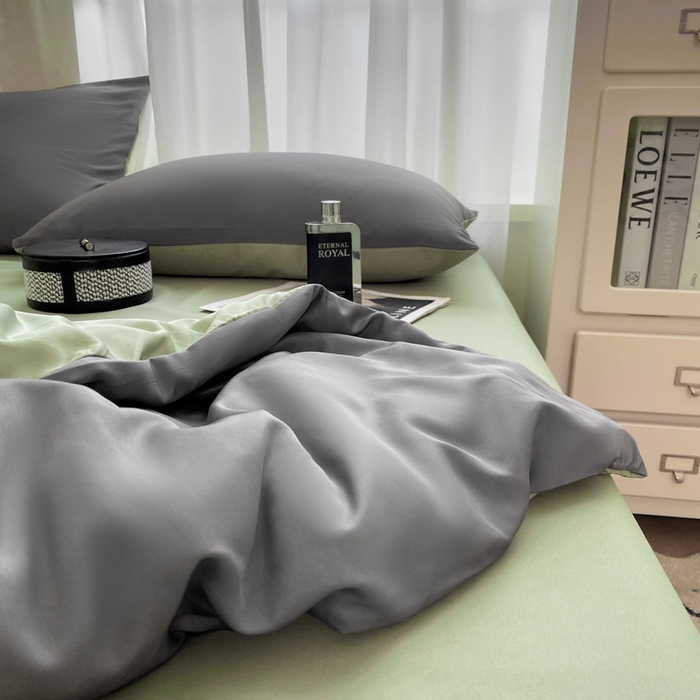 91家纺网 家纺一手货源 找家纺  （提供买家秀 爆款花型 不断货）2025新款夏季水洗冰丝四件套水洗真丝纯色双拼风格二 青草绿+高级灰双拼-