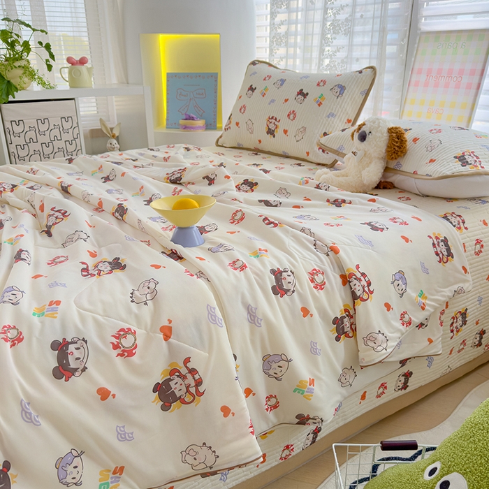 91家纺网 家纺一手货源 找家纺 赫梵茜 2025春夏新款锦氨凉感丝冰皮软席床盖夏被夏凉被空调被四件套 小团子