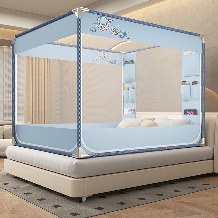 91家纺网 家纺一手货源 找家纺 无瑕家居 2025新款高级蒙古包家用卧室坐床蚊帐加粗儿童防止掉床超大空间免安装床笠卡通口袋款 蓝色宇航员