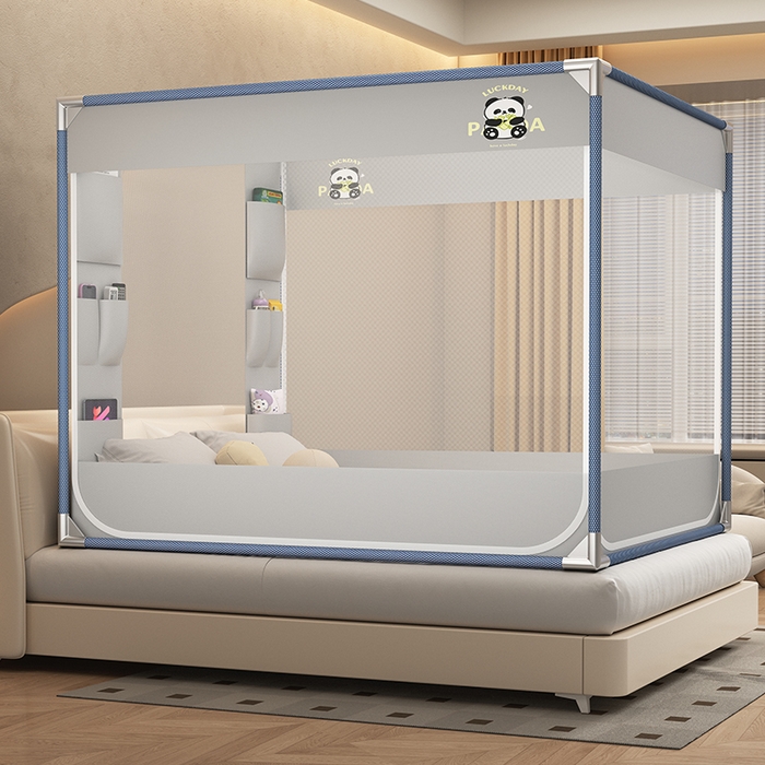 91家纺网 家纺一手货源 找家纺 无瑕家居 2025新款高级蒙古包家用卧室坐床蚊帐加粗儿童防止掉床超大空间免安装床笠卡通口袋款 灰色熊猫