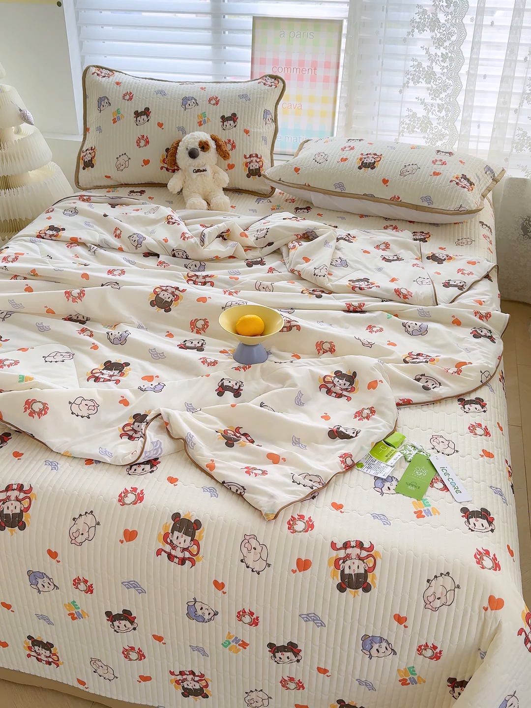 91家纺网 家纺一手货源 找家纺 赫梵茜 2025春夏新款锦氨凉感丝冰皮软席床盖夏被夏凉被空调被四件套 小团子