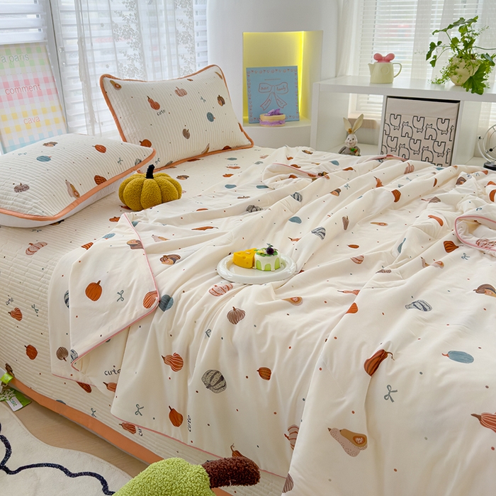 91家纺网 家纺一手货源 找家纺 赫梵茜 2025春夏新款锦氨凉感丝冰皮软席床盖夏被夏凉被空调被四件套 贝贝南瓜