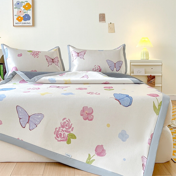 91家纺网 家纺一手货源 找家纺  （提供买家秀 爆款花型 不断货）2025新款600D小清新卡通印花冰丝枕套单品 蝴蝶