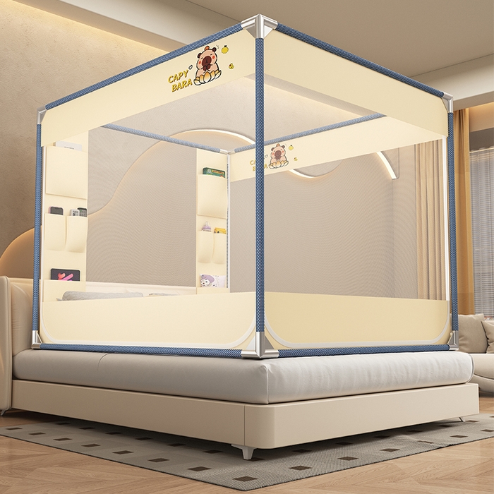 91家纺网 家纺一手货源 找家纺 无瑕家居 2025新款高级蒙古包家用卧室坐床蚊帐加粗儿童防止掉床超大空间免安装床笠卡通口袋款 卡皮巴拉黄