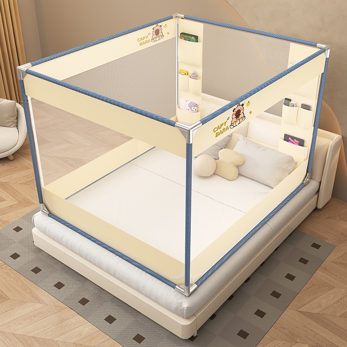 91家纺网 家纺一手货源 找家纺 无瑕家居 2025新款高级蒙古包家用卧室坐床蚊帐加粗儿童防止掉床超大空间免安装床笠卡通口袋款 卡皮巴拉黄