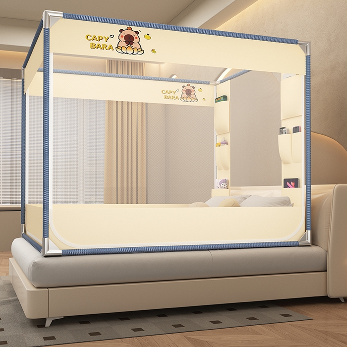 91家纺网 家纺一手货源 找家纺 无瑕家居 2025新款高级蒙古包家用卧室坐床蚊帐加粗儿童防止掉床超大空间免安装床笠卡通口袋款 卡皮巴拉黄