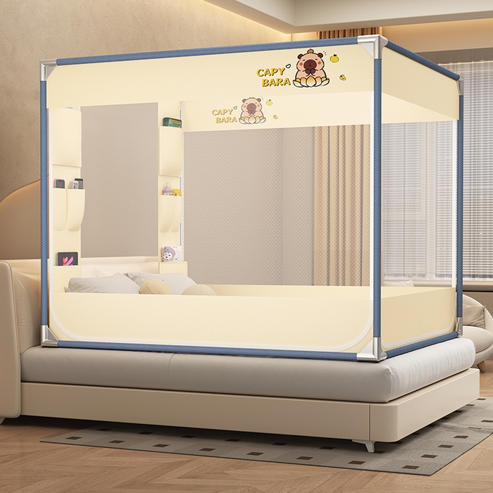 91家纺网 家纺一手货源 找家纺 无瑕家居 2025新款高级蒙古包家用卧室坐床蚊帐加粗儿童防止掉床超大空间免安装床笠卡通口袋款 卡皮巴拉黄