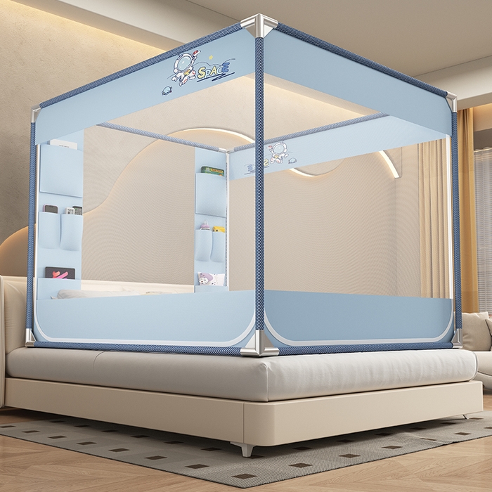 91家纺网 家纺一手货源 找家纺 无瑕家居 2025新款高级蒙古包家用卧室坐床蚊帐加粗儿童防止掉床超大空间免安装床笠卡通口袋款 蓝色宇航员