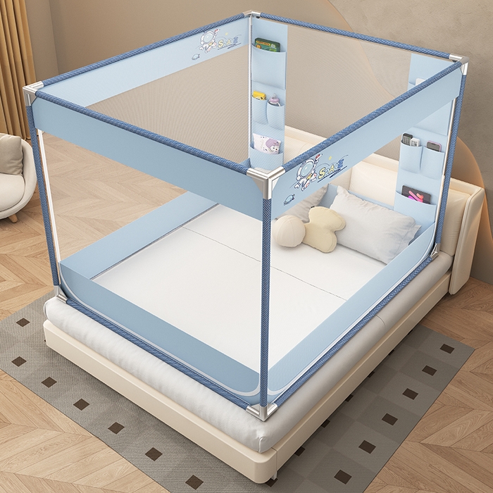 91家纺网 家纺一手货源 找家纺 无瑕家居 2025新款高级蒙古包家用卧室坐床蚊帐加粗儿童防止掉床超大空间免安装床笠卡通口袋款 蓝色宇航员