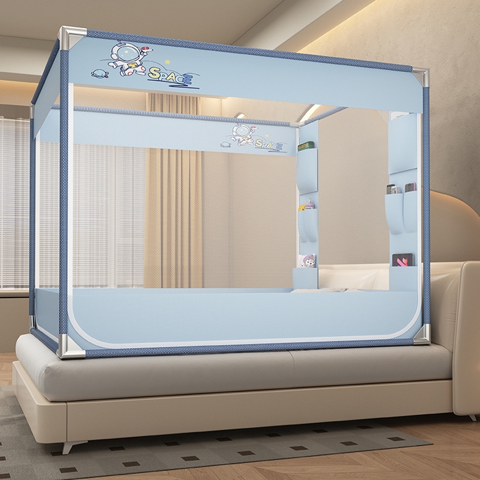 91家纺网 家纺一手货源 找家纺 无瑕家居 2025新款高级蒙古包家用卧室坐床蚊帐加粗儿童防止掉床超大空间免安装床笠卡通口袋款 蓝色宇航员