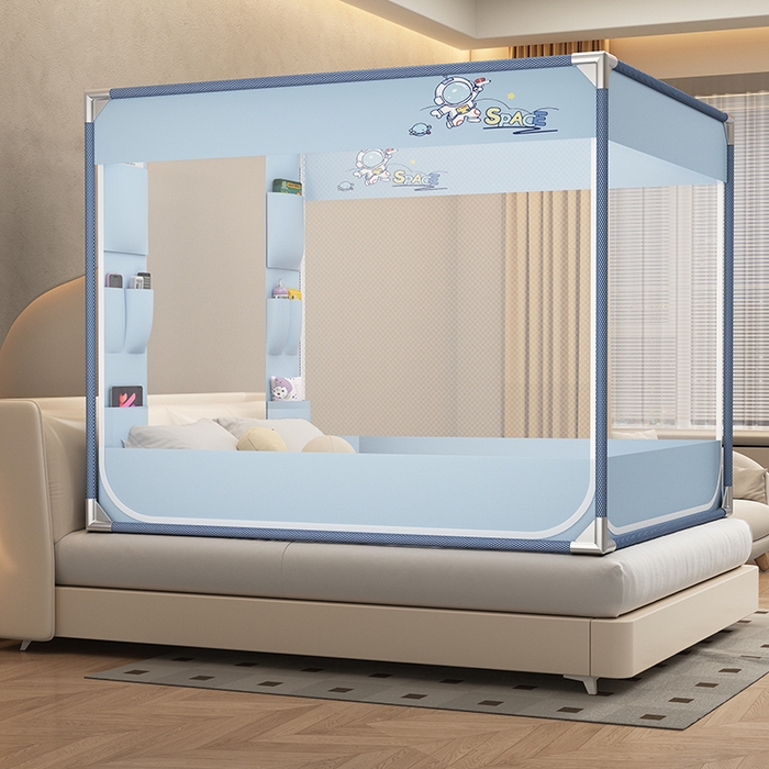 91家纺网 家纺一手货源 找家纺 无瑕家居 2025新款高级蒙古包家用卧室坐床蚊帐加粗儿童防止掉床超大空间免安装床笠卡通口袋款 蓝色宇航员