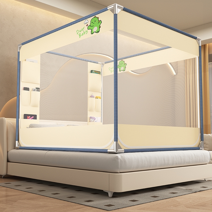 91家纺网 家纺一手货源 找家纺 无瑕家居 2025新款高级蒙古包家用卧室坐床蚊帐加粗儿童防止掉床超大空间免安装床笠卡通口袋款 绿色恐龙