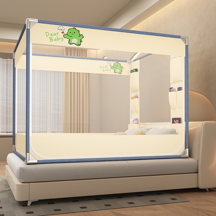 91家纺网 家纺一手货源 找家纺 无瑕家居 2025新款高级蒙古包家用卧室坐床蚊帐加粗儿童防止掉床超大空间免安装床笠卡通口袋款 绿色恐龙