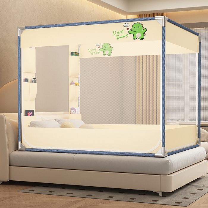 91家纺网 家纺一手货源 找家纺 无瑕家居 2025新款高级蒙古包家用卧室坐床蚊帐加粗儿童防止掉床超大空间免安装床笠卡通口袋款 绿色恐龙