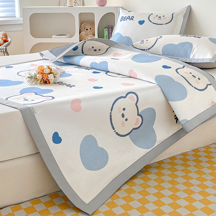  （提供买家秀 爆款花型 不断货）2025新款600D小清新卡通印花冰丝凉席三件套系列 爱心小熊