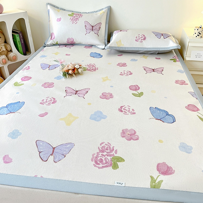 91家纺网 家纺一手货源 找家纺  （提供买家秀 爆款花型 不断货）2025新款600D小清新卡通印花冰丝凉席三件套系列 蝴蝶