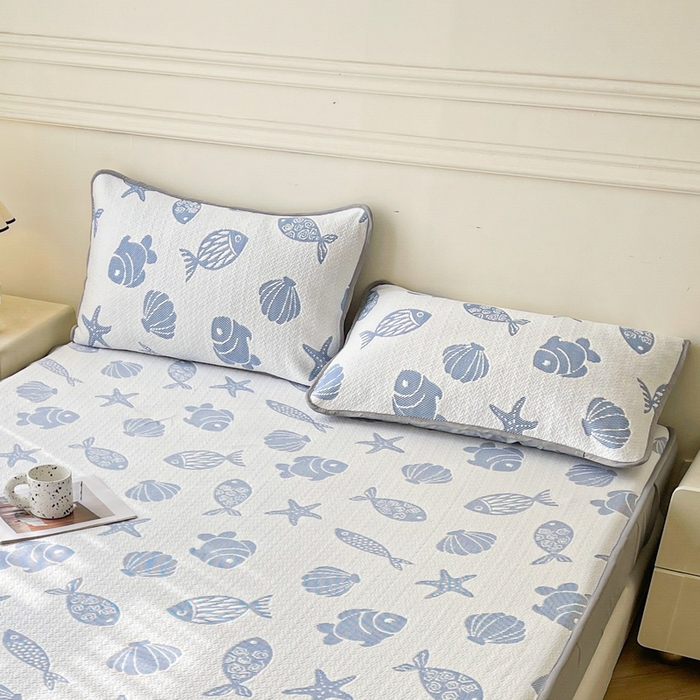 91家纺网 家纺一手货源 找家纺 LIFE.丽芙 2025春夏季新品A类针织提花冰凉豆豆凉感枕头套机包边款（风格一） 海底世界-海蓝