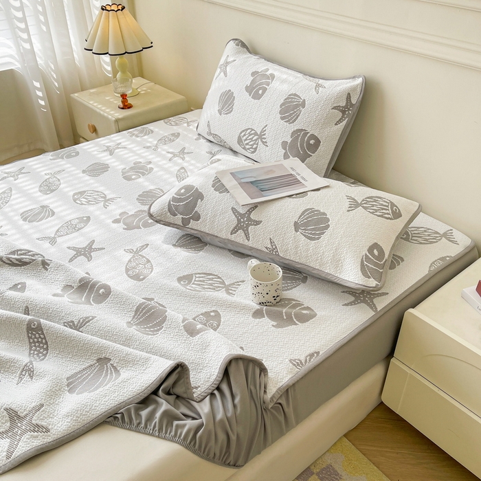 91家纺网 家纺一手货源 找家纺 LIFE.丽芙 2025春夏季新品A类针织提花冰凉豆豆凉感枕头套机包边款（风格一） 海底世界-灰