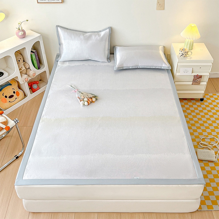 91家纺网 家纺一手货源 找家纺  （提供买家秀 爆款花型 不断货）2025新款600D小清新卡通印花冰丝凉席单件 渐变银